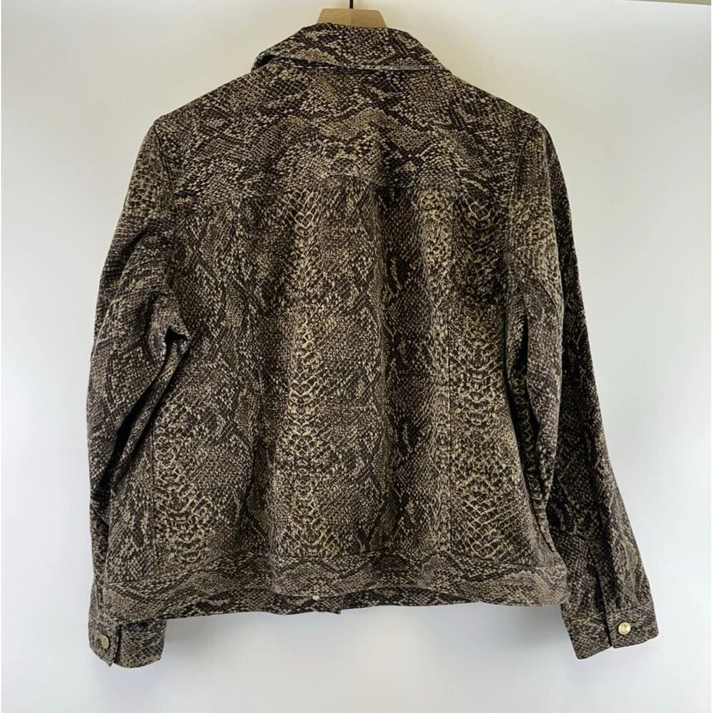 Chaps Snakeskin Python Denim Jacket Brown Button Stretch Flap‎ Pockets Womens 1X